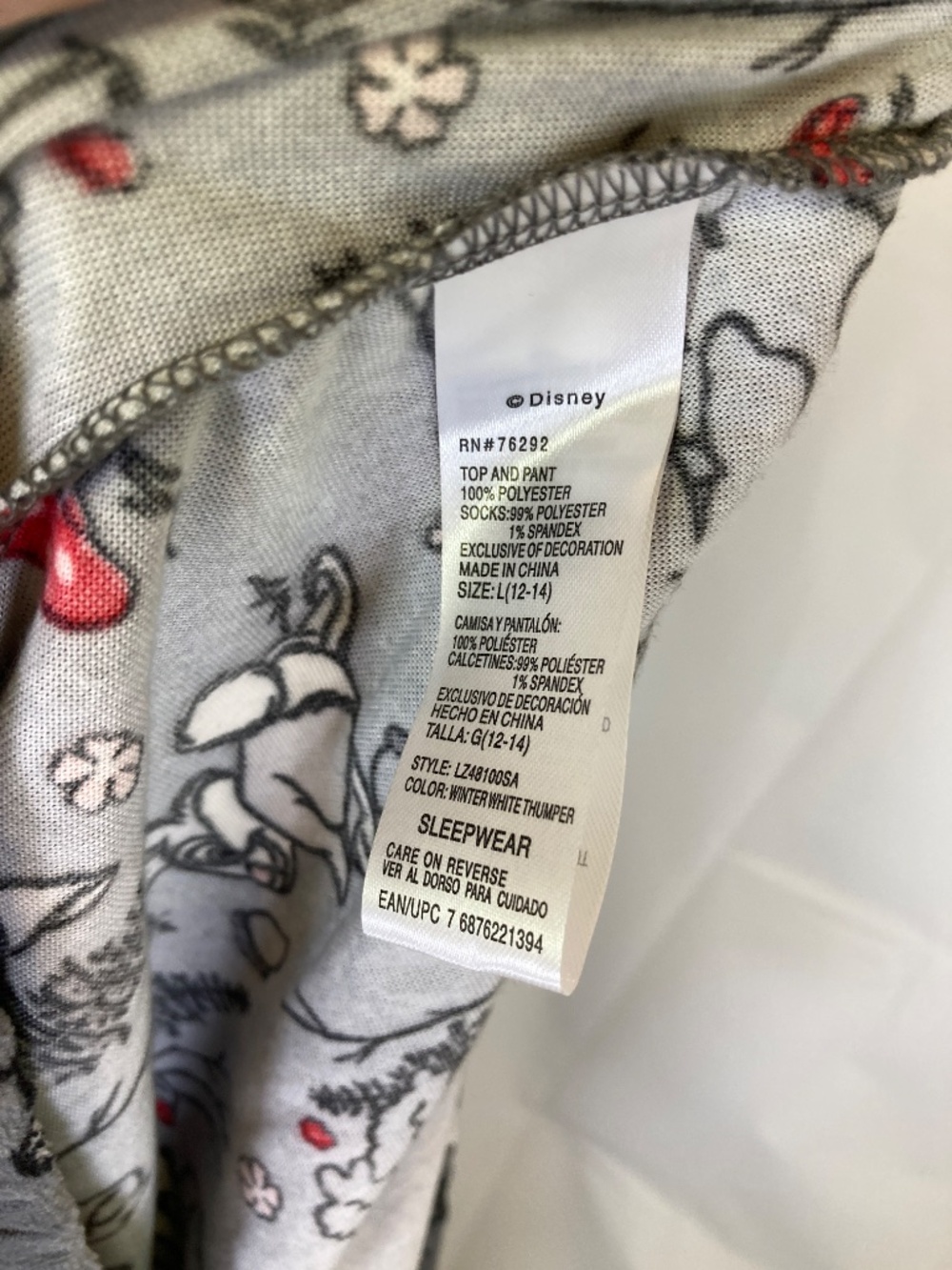 Disney Thumper 3pc Pajamas Sz L 12/14 Top Pants Socks Gray Cream New w/o Tags - Picture 5 of 10